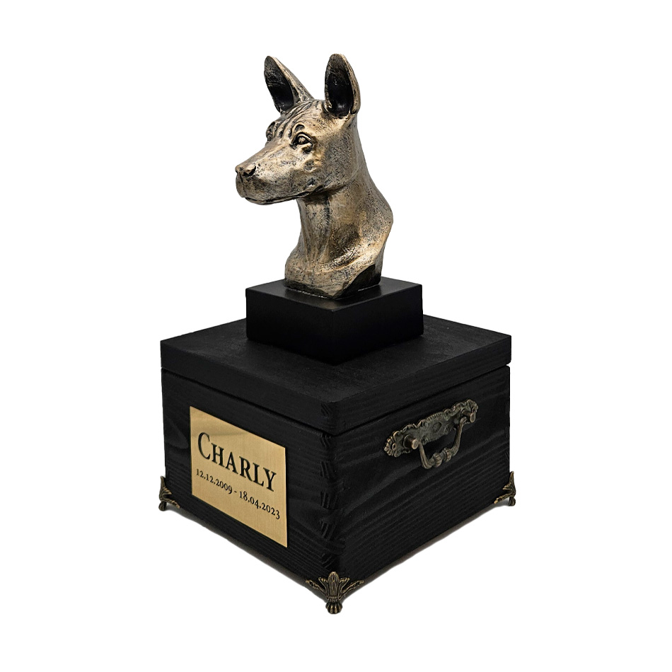 Hund Holz Urne Basenji mit Statue und Gravur 17