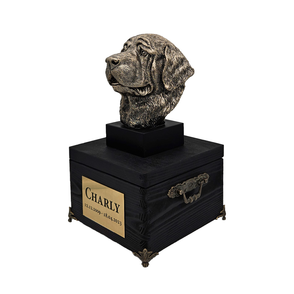 Hund Holz Urne Bernhard mit Statue und Gravur 12