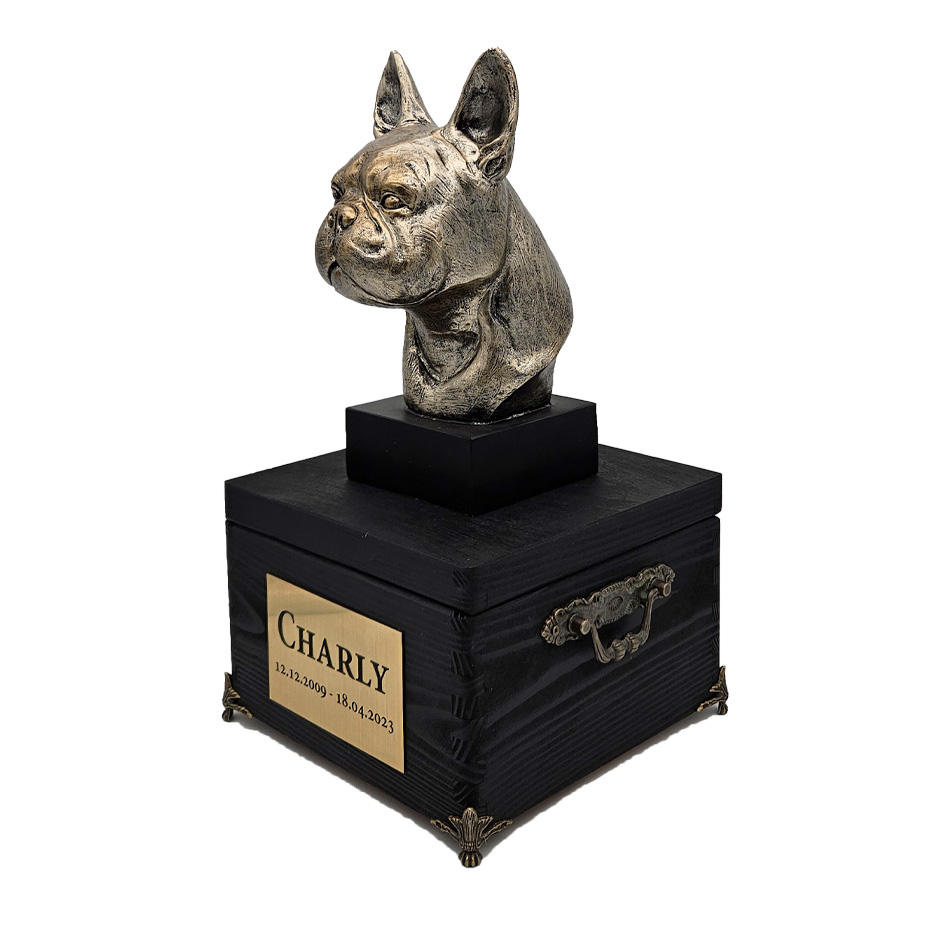 Hund Holz Urne Boston Terrier mit Statue und Gravur 18
