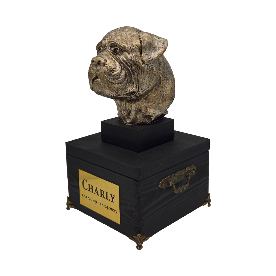 Hund Urne Bullmastiff mit Statue und Gravur 01