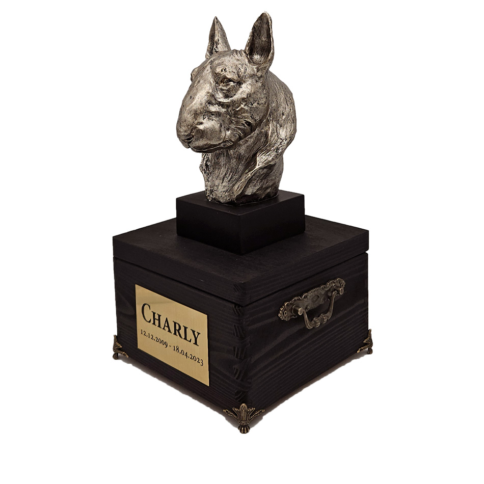 Hund Urne Bullterrier mit Statue und Gravur 03