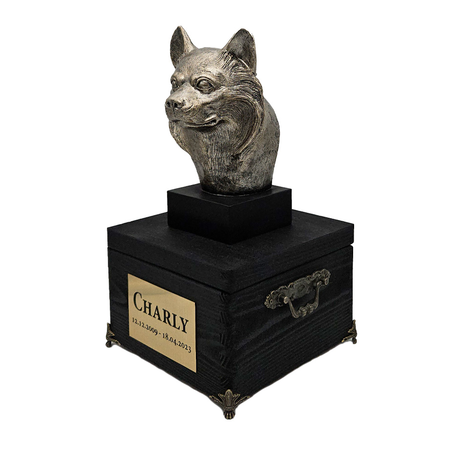 Hund Holz Urne Chihuahua Langhaarige mit Statue und Gravur 08