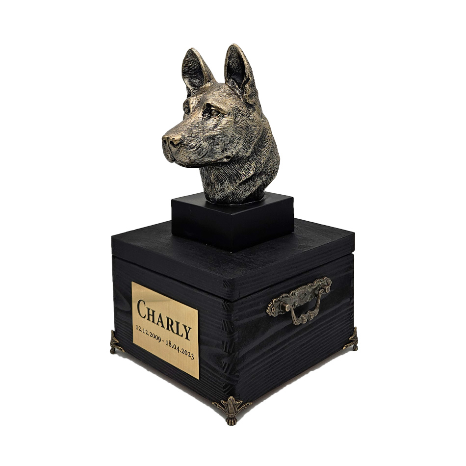 Hund Holz Urne Deutscher Schäferhund mit Statue und Gravur 19
