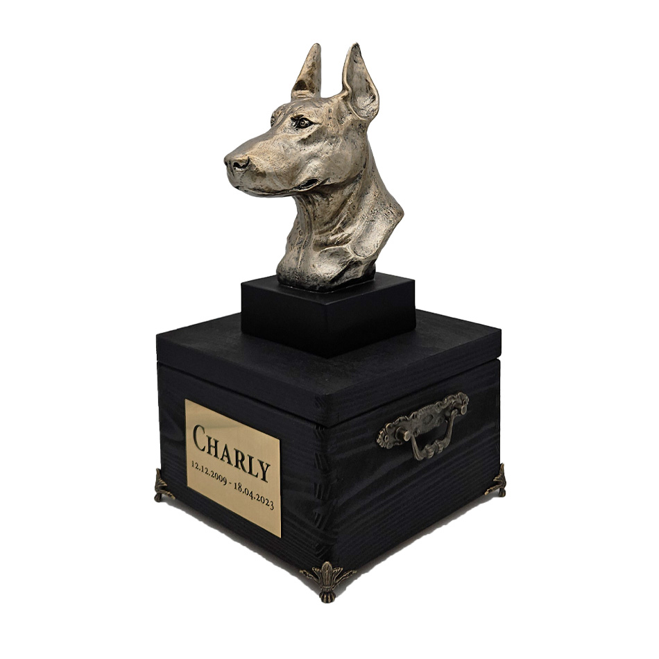 Hund Holz Urne Dobermann mit Statue und Gravur 16