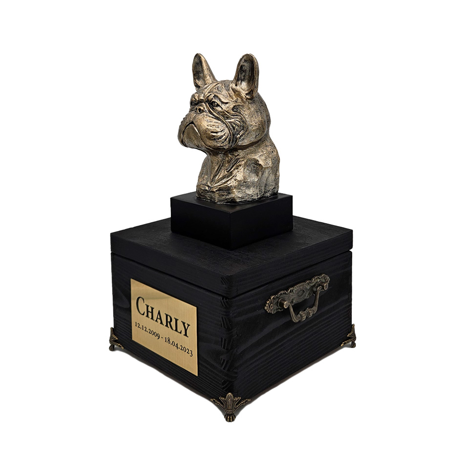 Hund Holz Urne Französische Bulldogge mit Statue und Gravur 13