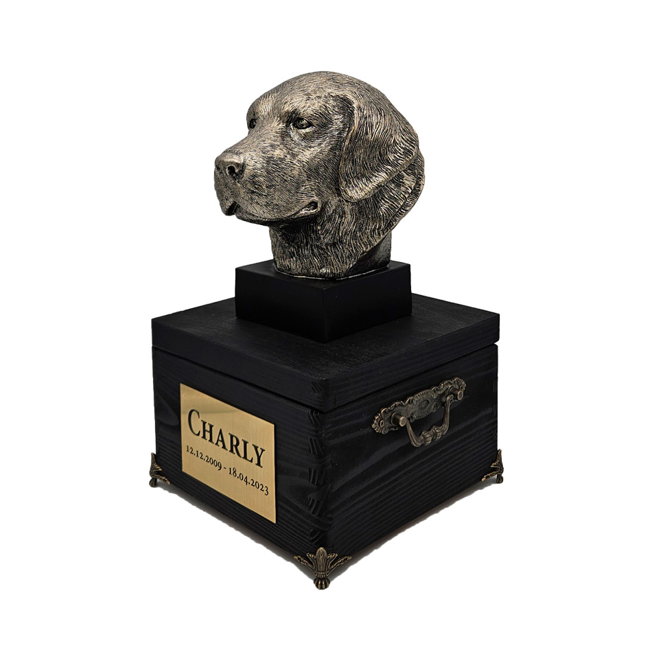 Hund Holz Urne Golden Retriever mit Statue und Gravur 07