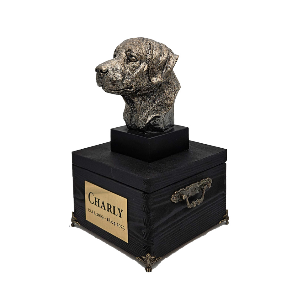 Hund Holz Urne Labrador Retriever mit Statue und Gravur 20