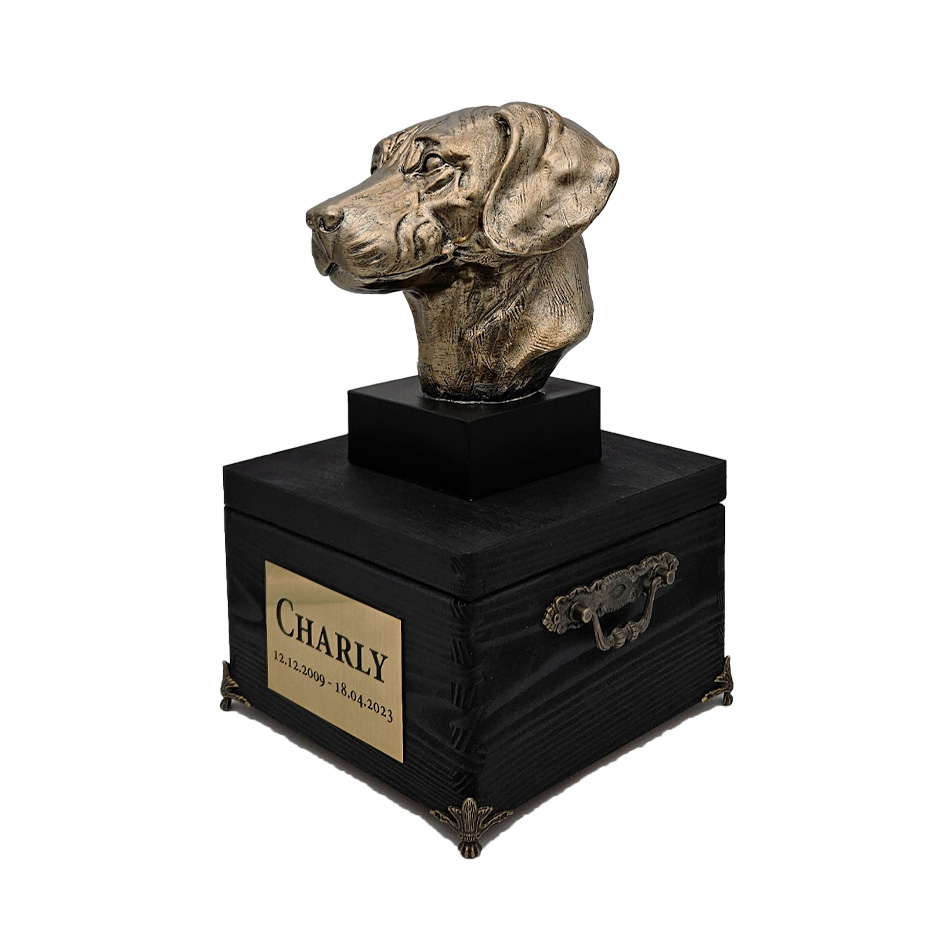 Hund Holz Urne Rhodesian Ridgeback mit Statue und Gravur 10