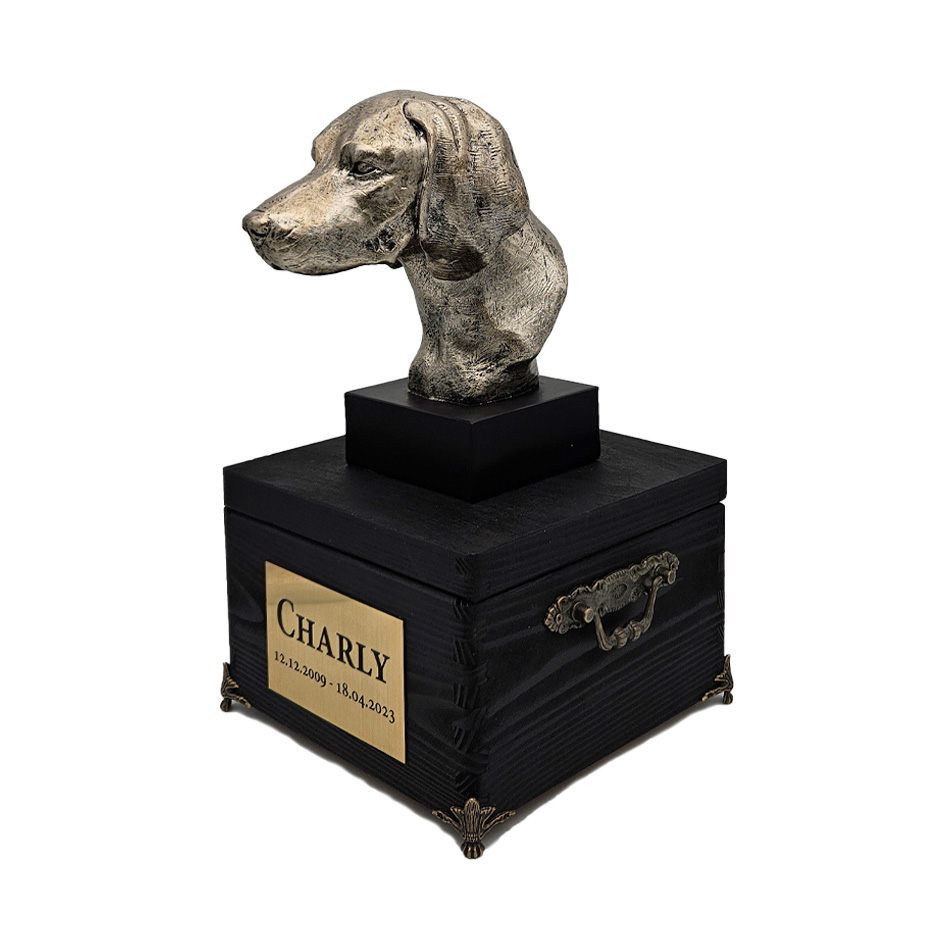 Hund Holz Urne Weimaraner mit Statue und Gravur 11